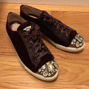 Miu miu burgundy velvet embellished sneakers